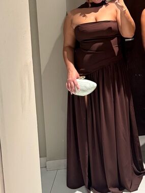 Babyboo Strapless Chocolate Brown Evening Gown with Side Slit and Neck Scarf